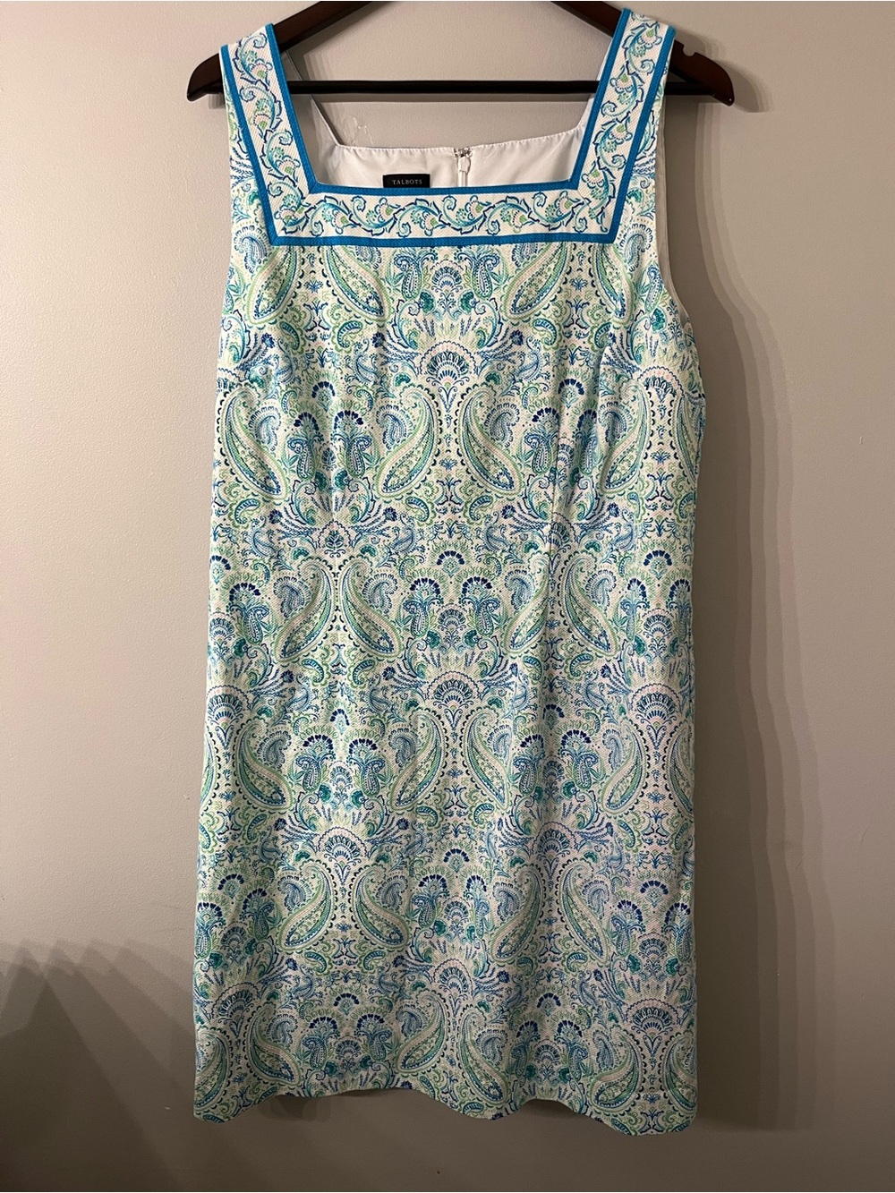 Talbots Aqua and Blue Paisley Square-Neck Sheath Dress